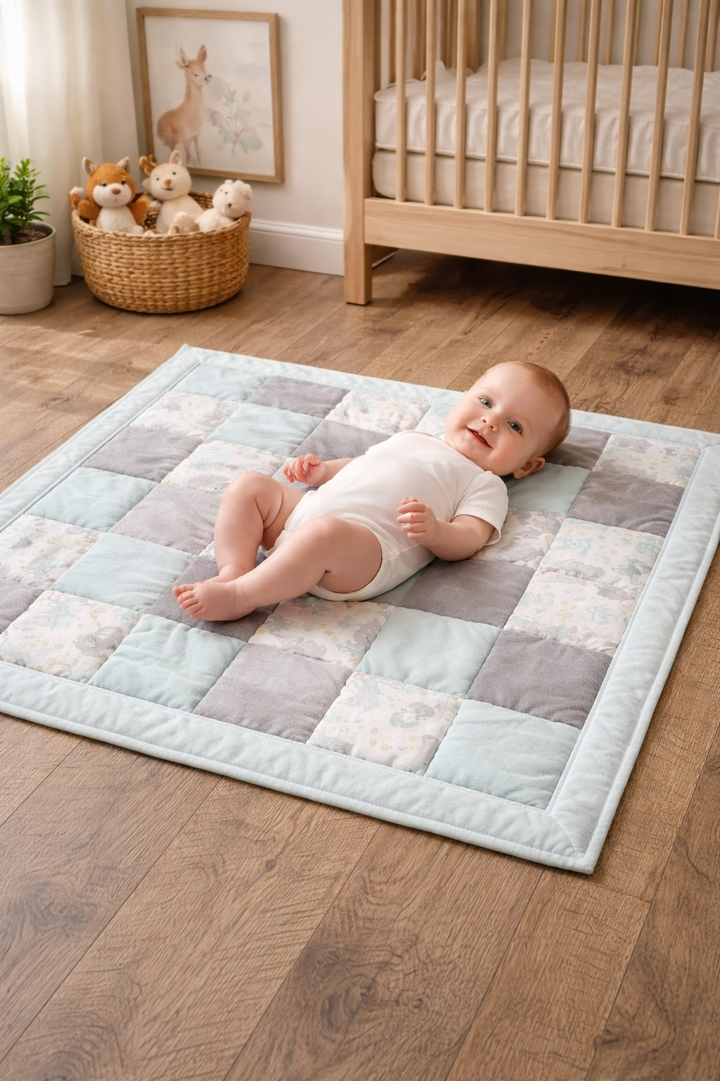 Handmade Baby Quilt - Light Green & Gray Woodland Animals