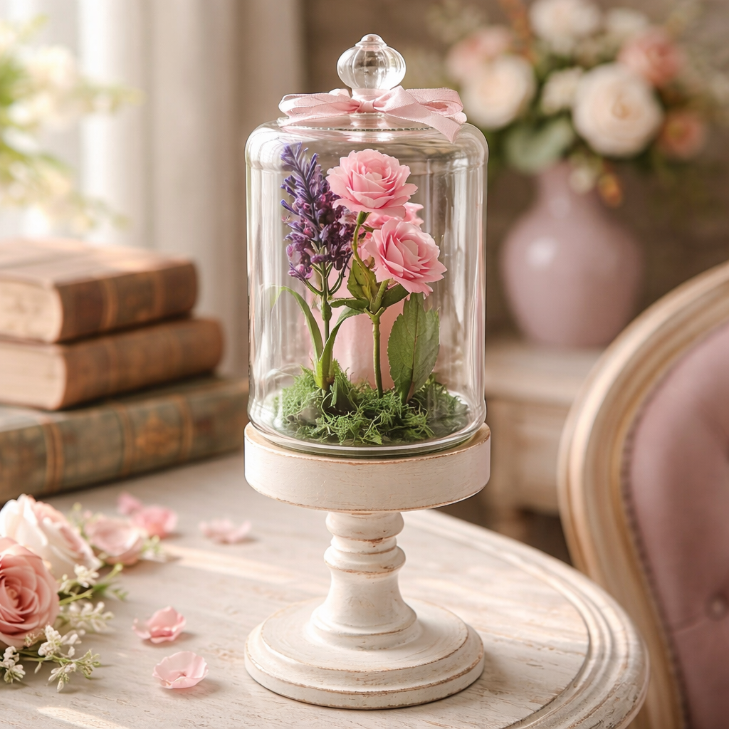 Handmade Mother's Day Gift - "Mom" Glass Cloche with Pink Roses