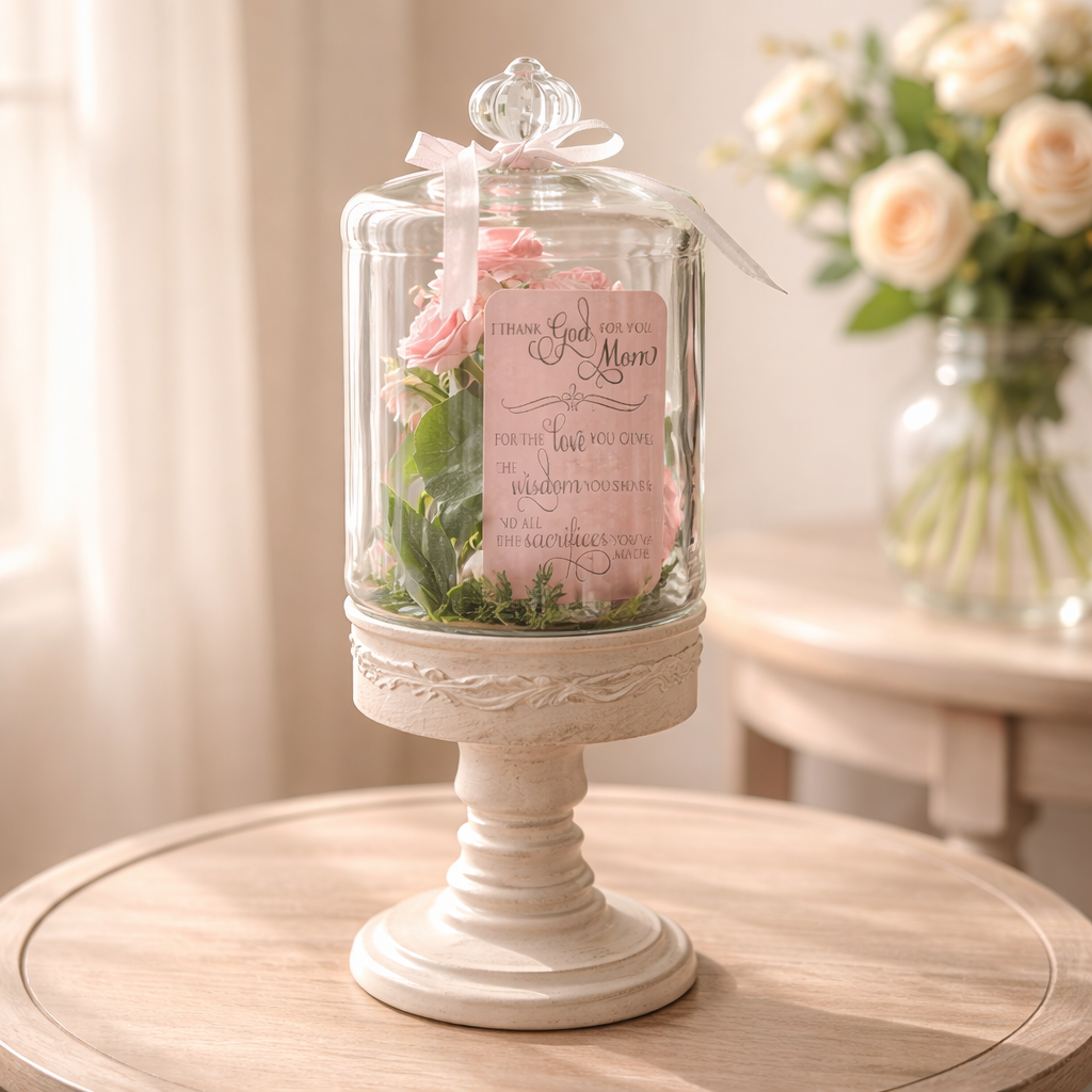 Handmade Mother's Day Gift - "Mom" Glass Cloche with Pink Roses