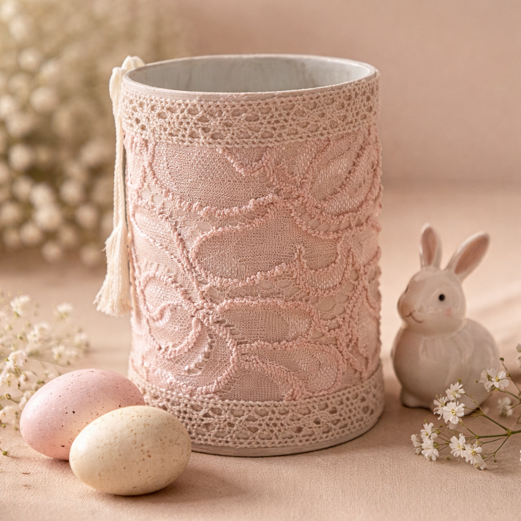 Shabby Chic Easter Tin Can - Two Bunnies in Barrel Upcycled Decor