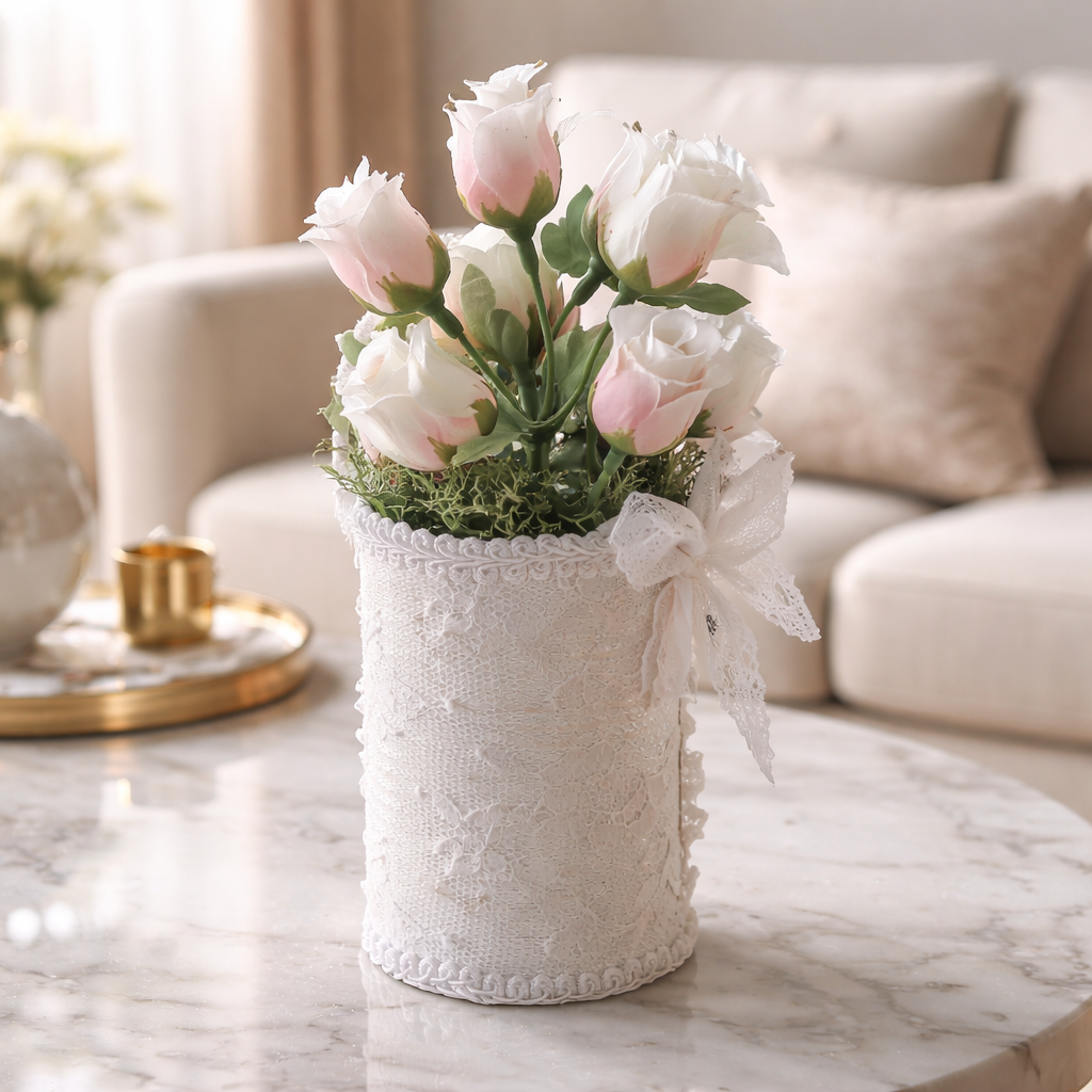 Shabby Chic Easter Bunny Tin Can - Upcycled with Pink Roses