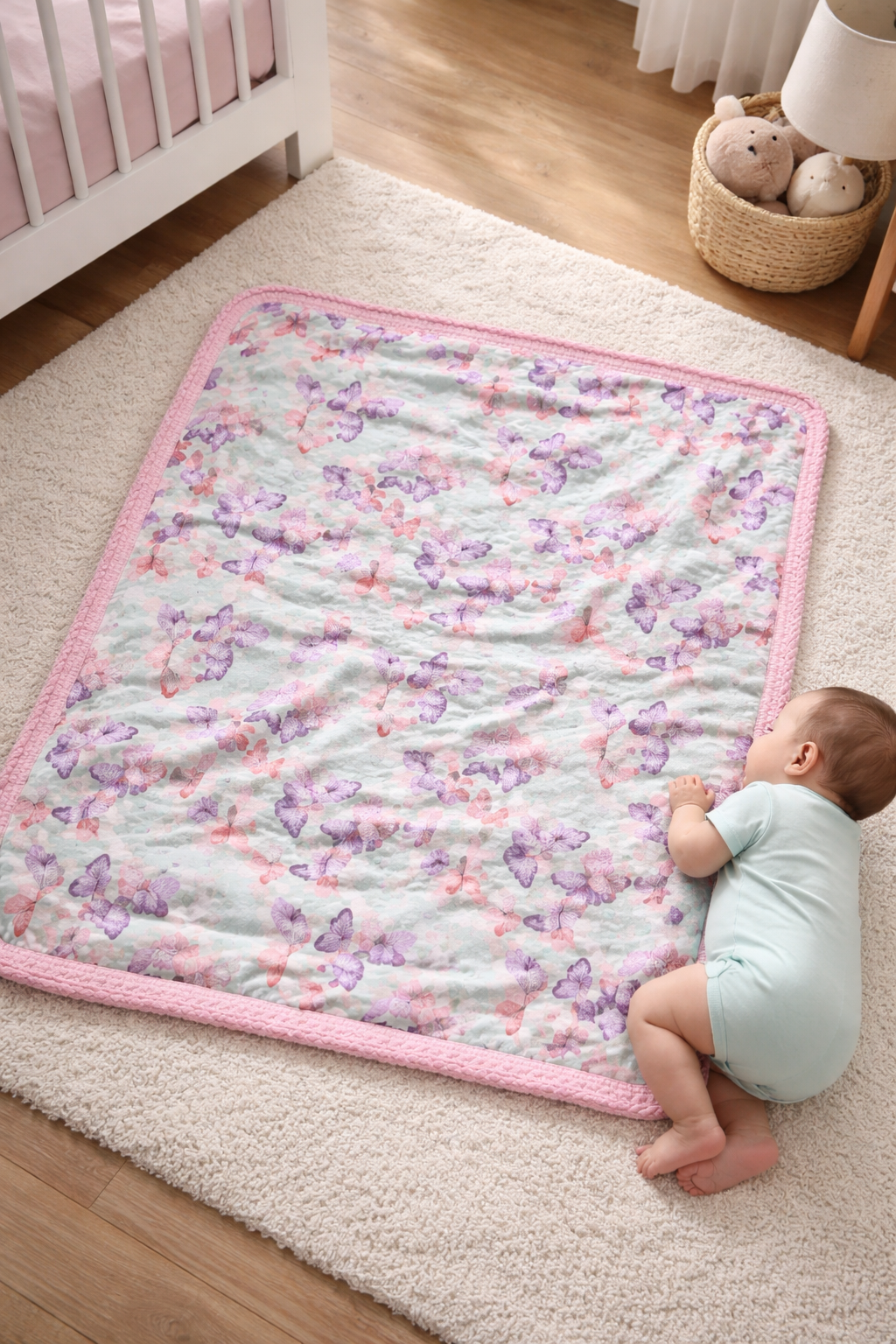 Handmade Baby Blanket - Pink & Purple Butterfly with Crocheted Trim