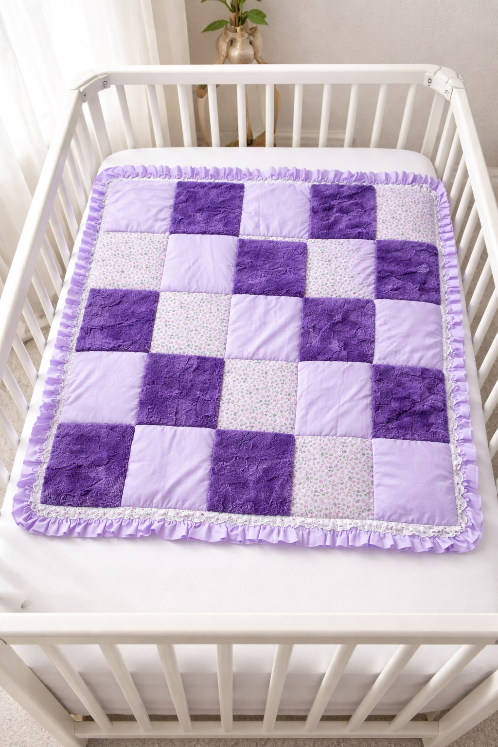 Handmade Baby Quilt - Purple Patchwork Cotton & Minky Blanket