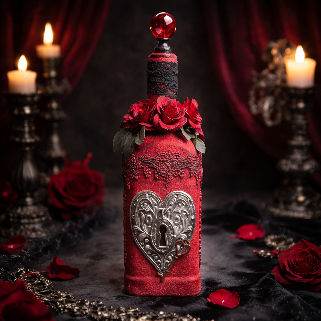 Handmade Valentine Upcycled Bottle - Gothic Red & Black Romantic Decor