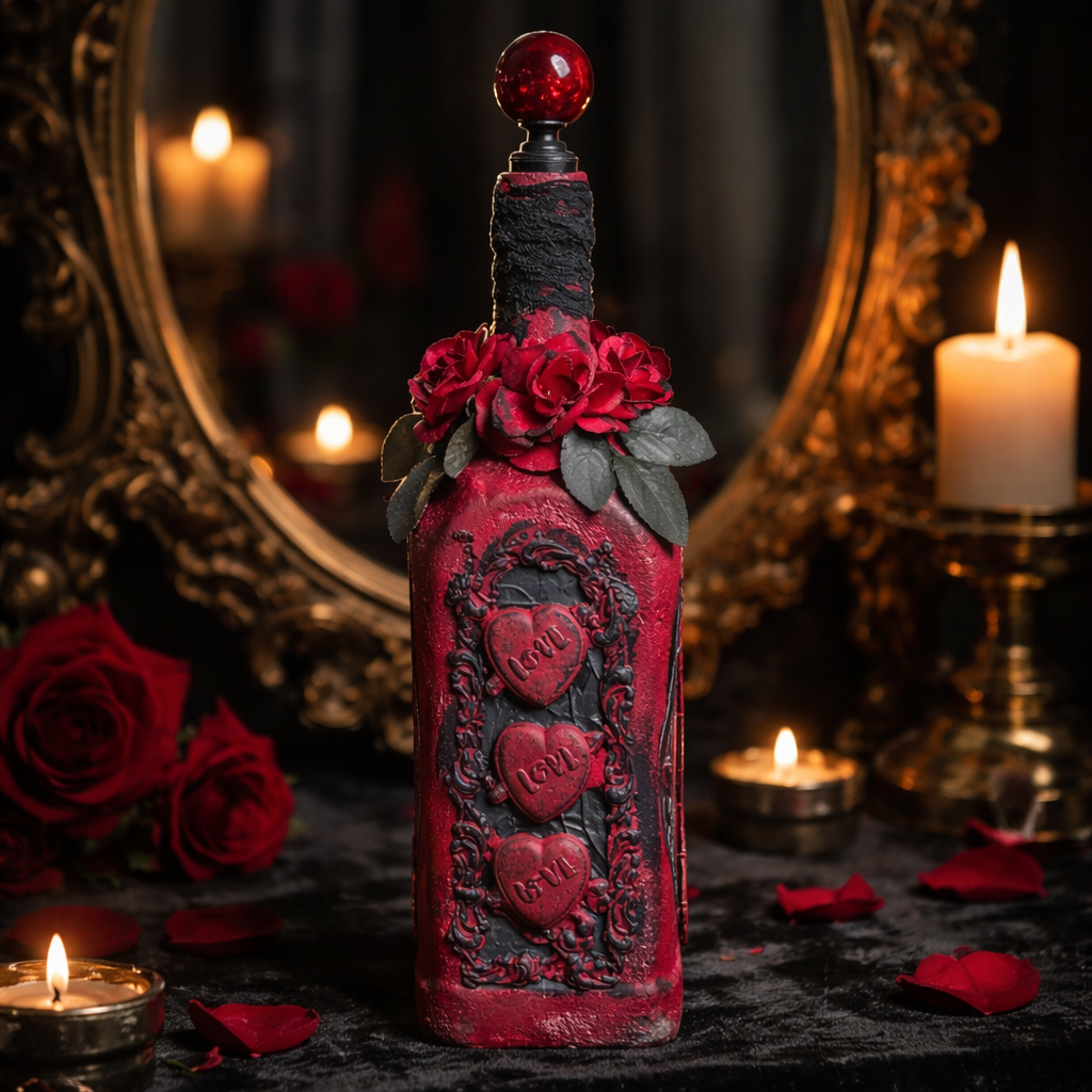 Handmade Valentine Upcycled Bottle - Gothic Red & Black Romantic Decor