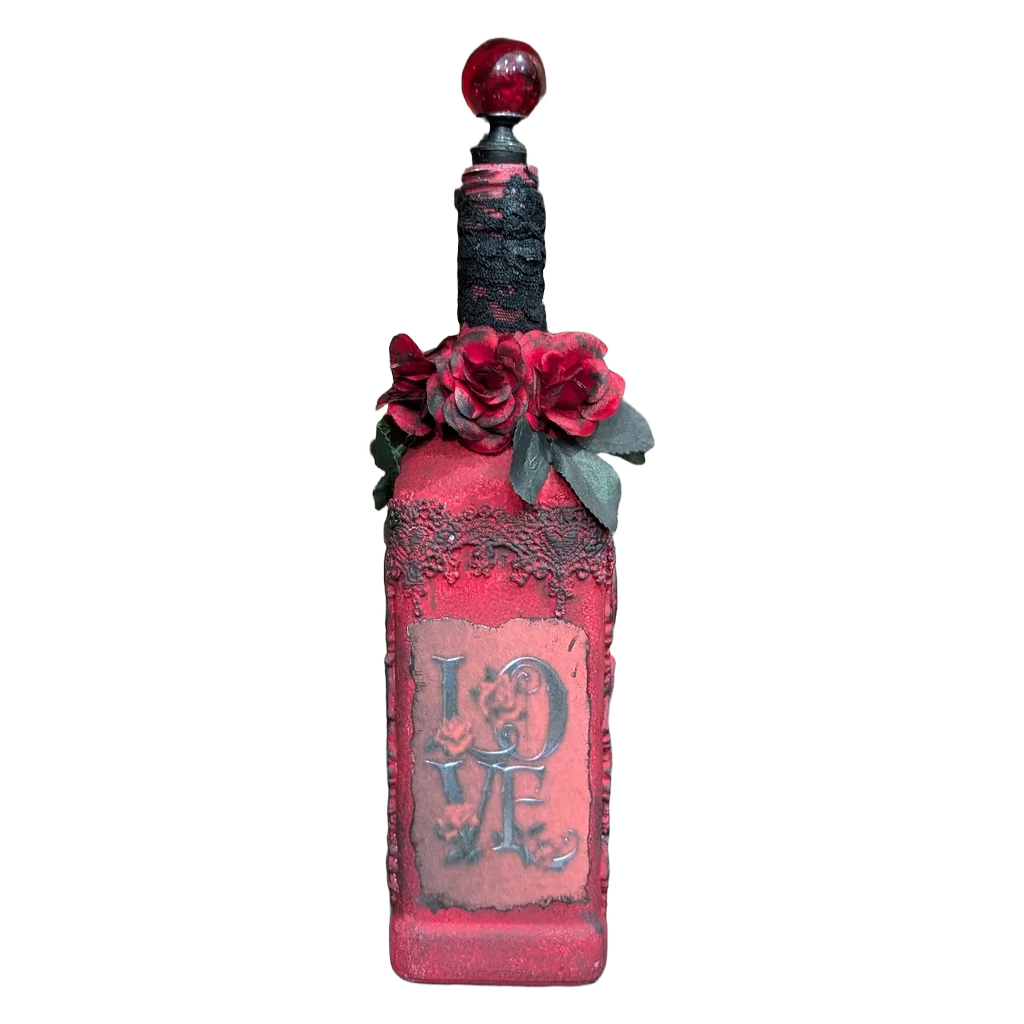 Handmade Valentine Upcycled Bottle - Gothic Red & Black Romantic Decor