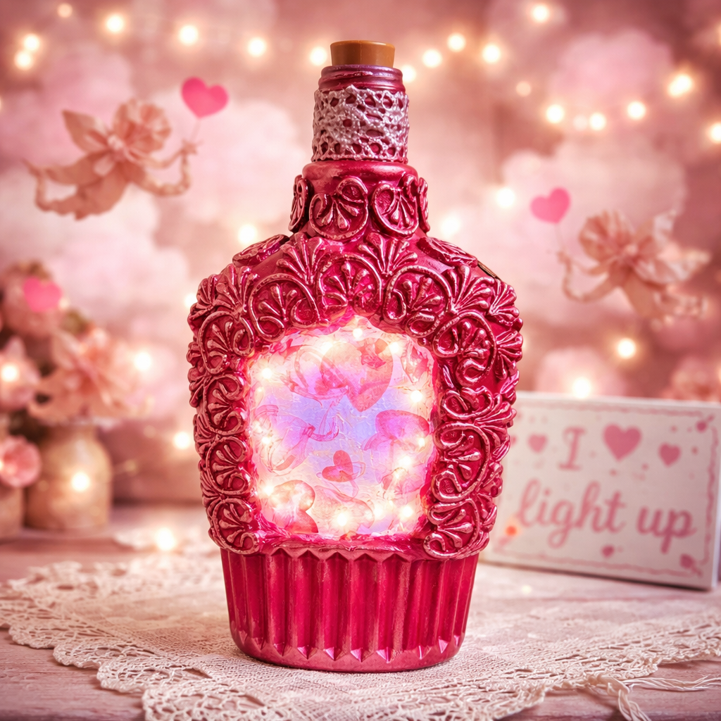 Handmade Valentine Bottle with Fairy Lights - Hearts Design Romantic Decor