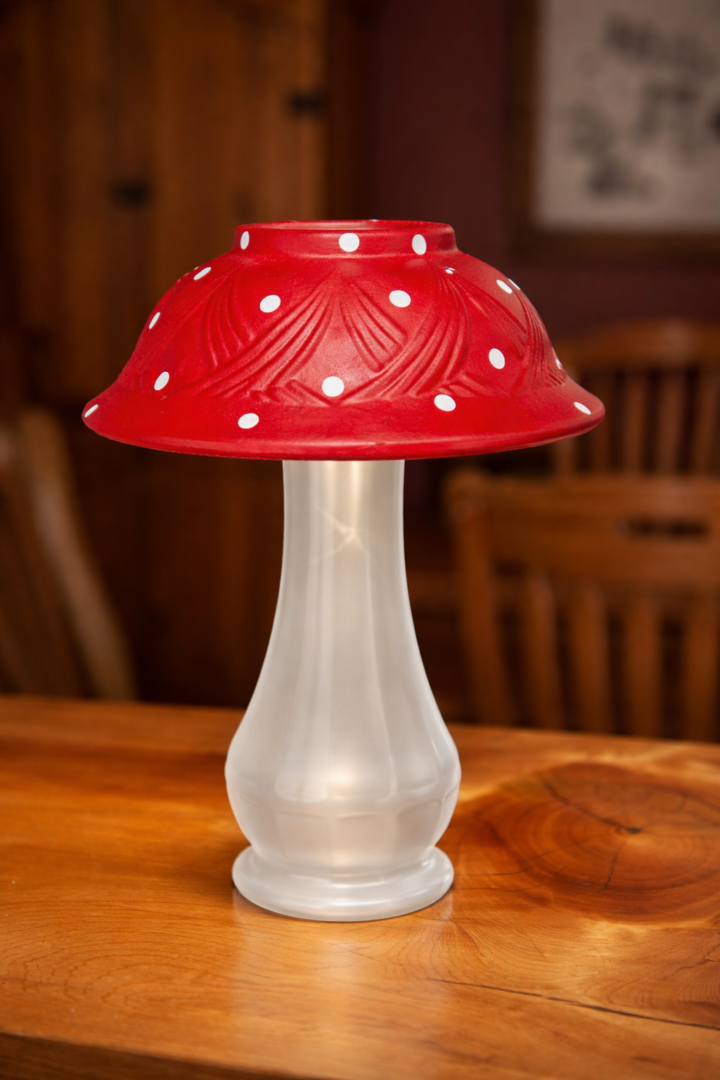 Upcycled Glass Mushroom Lamp with Fairy Lights - Red Whimsy