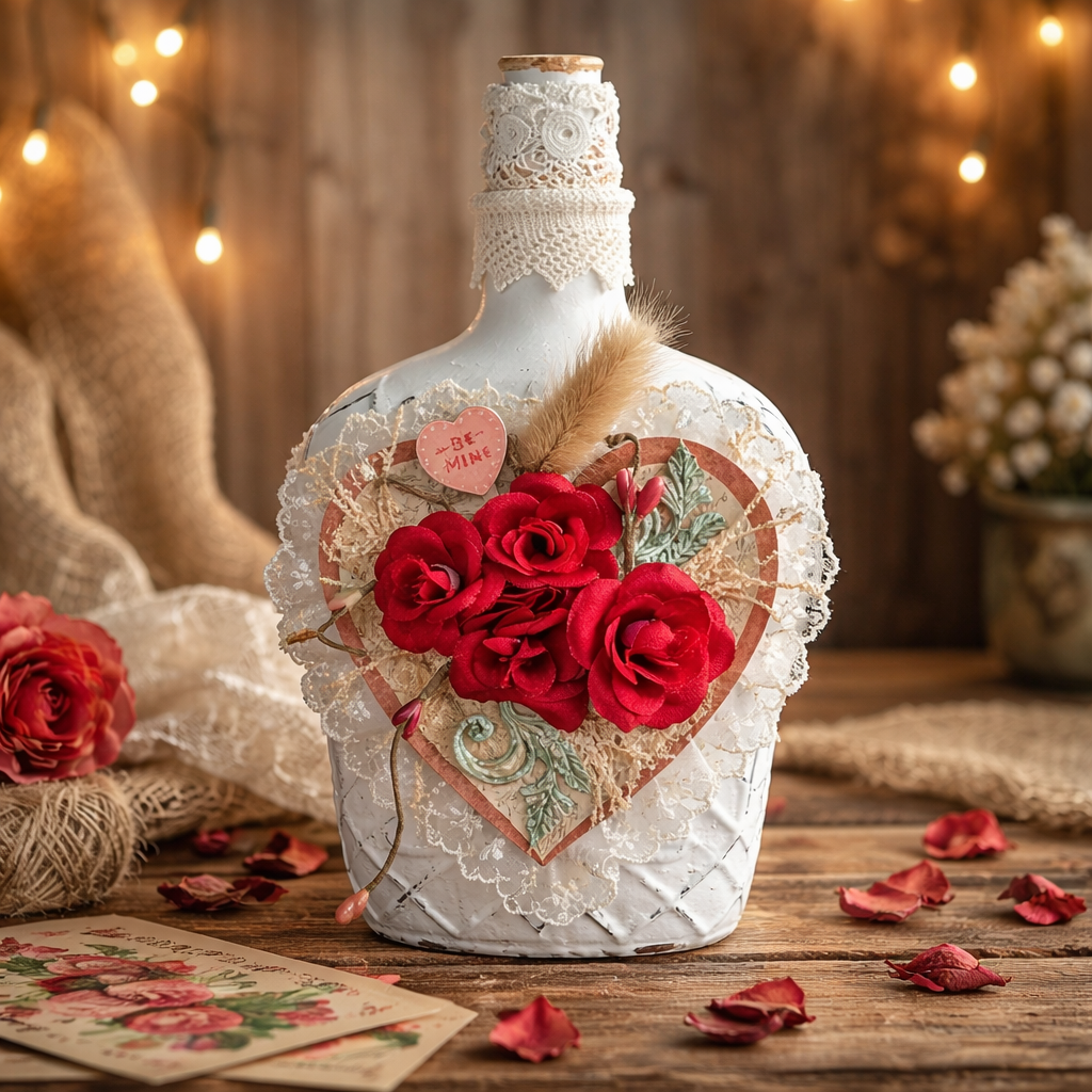 Handmade Valentine Upcycled Bottle - Rustic Farmhouse Romantic Decor