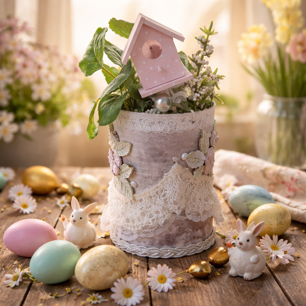 Shabby Chic Easter Tin Can - Lace Egg & Birdhouse with Flowers