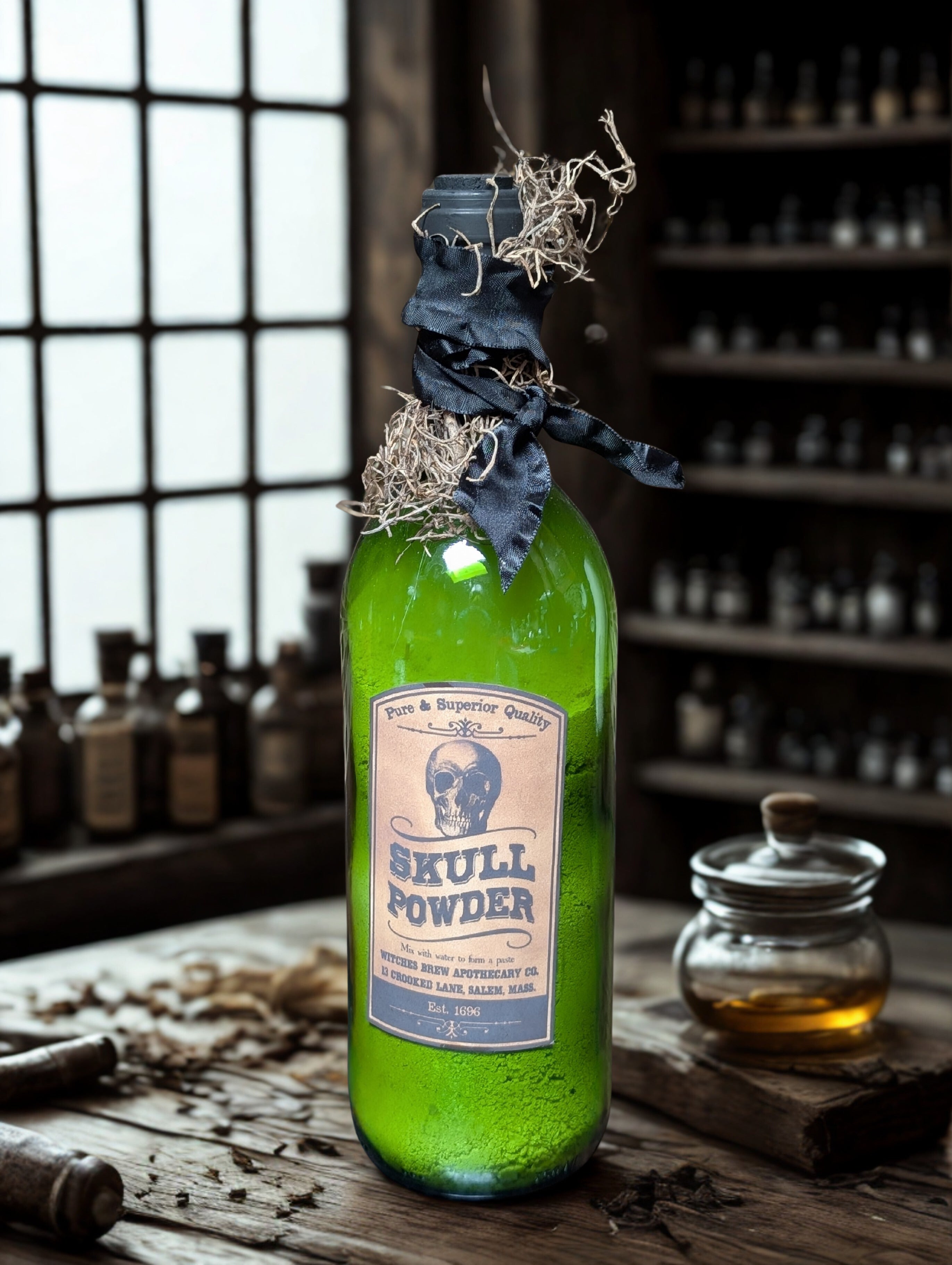 Halloween Potion Bottle - Skull Powder Upcycled Wine Bottle Decor