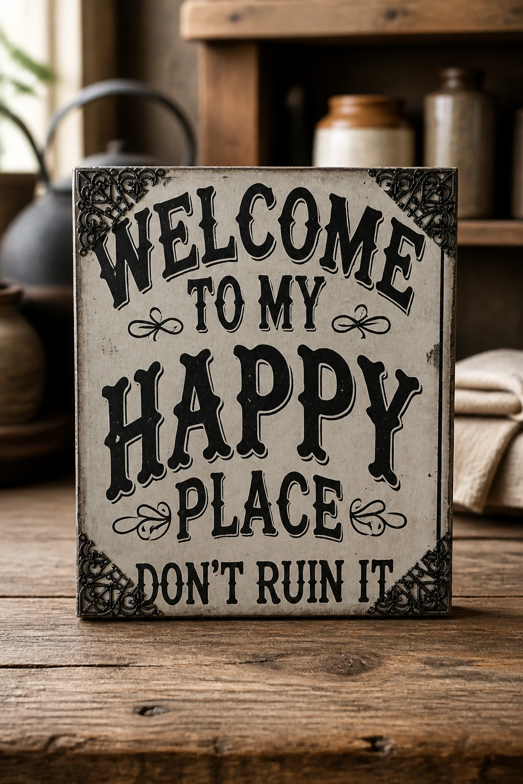 Upcycled Shelf Sitter – "Welcome to My Happy Place, Don't Ruin It" | Reclaimed Wood Funny Sign